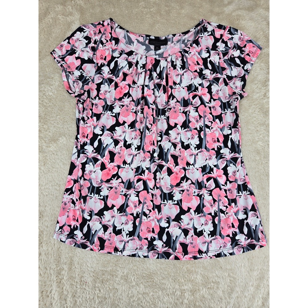 Worthington Womens Top PL Floral Print Short Sleeve Pleated Neck